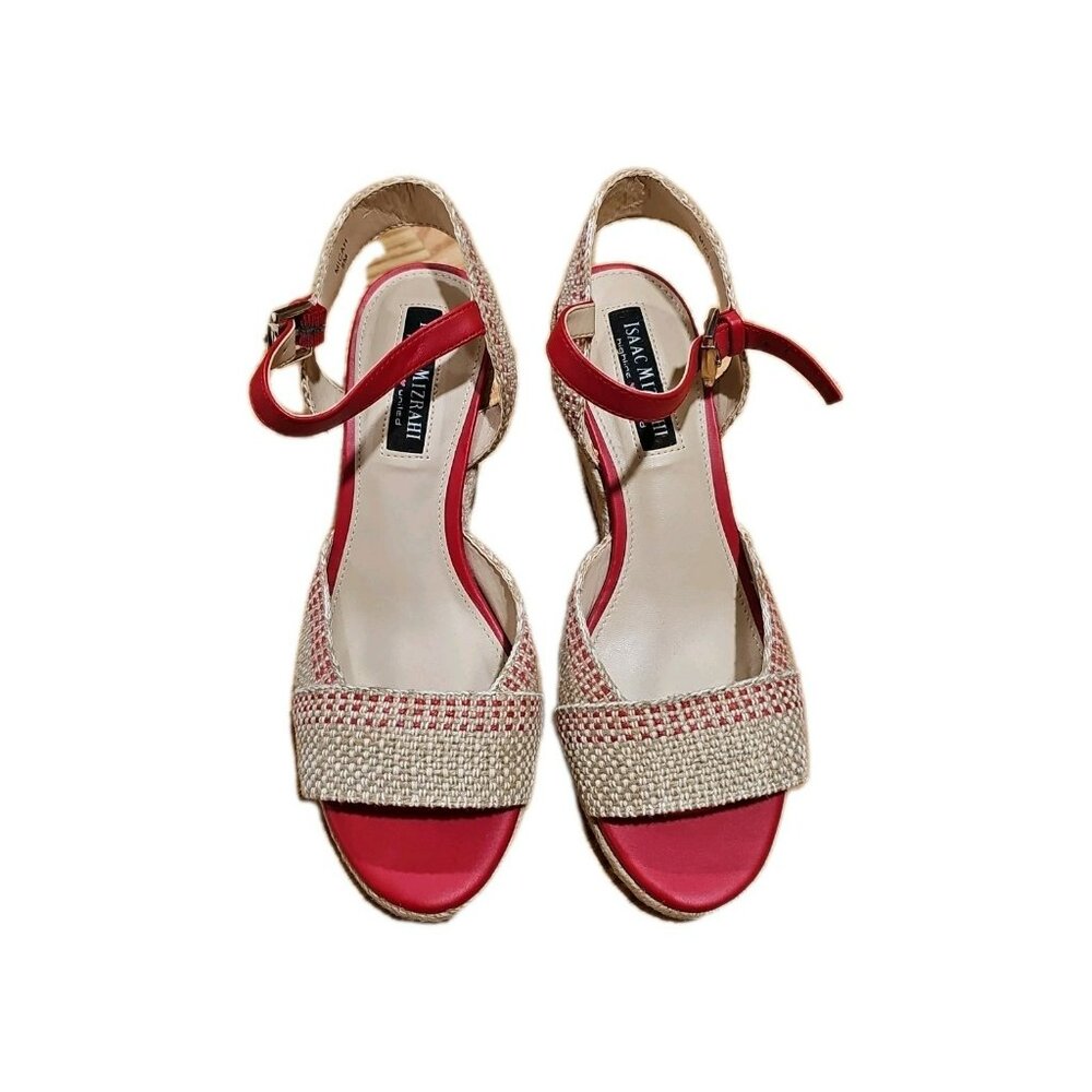 Isaac Mizrahi Micah Women Wedge Espadrilles Shoes 8M Red Cream 3.5 Heel Vacation